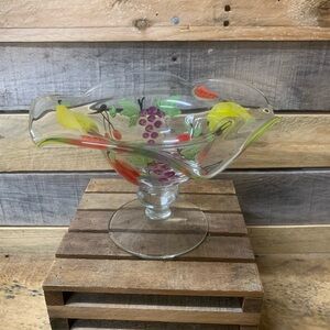 Art Deco Murano Style Scalloped Glass Footed Fruit Pedistal Dish